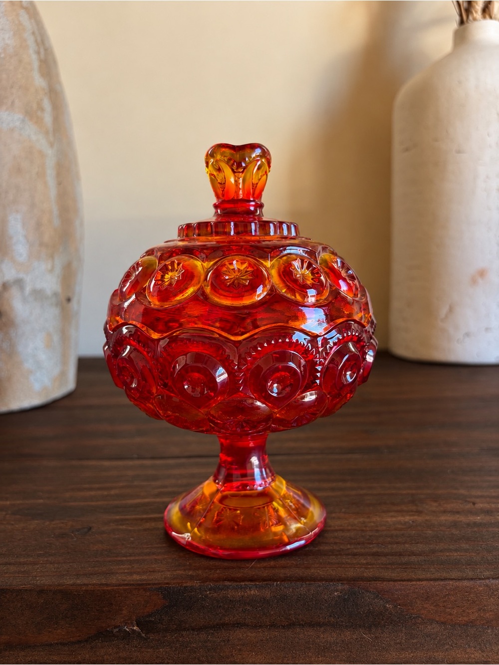 Vintage L.E. Smith Amberina Moon & Stars Lidded Compote 1960s–70s
